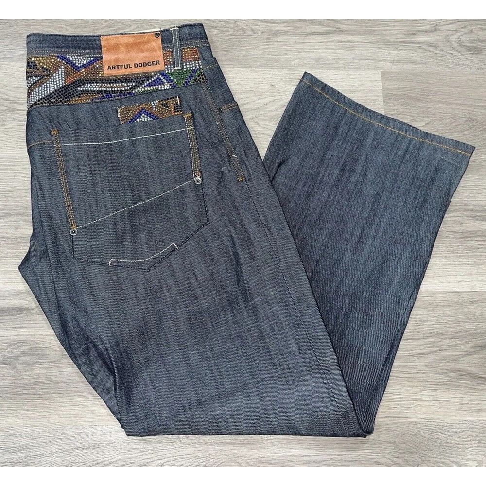NEW Deadstock Y2K Artful Dodger Mens Jeans Embroidered & Bejeweled Size 42x35